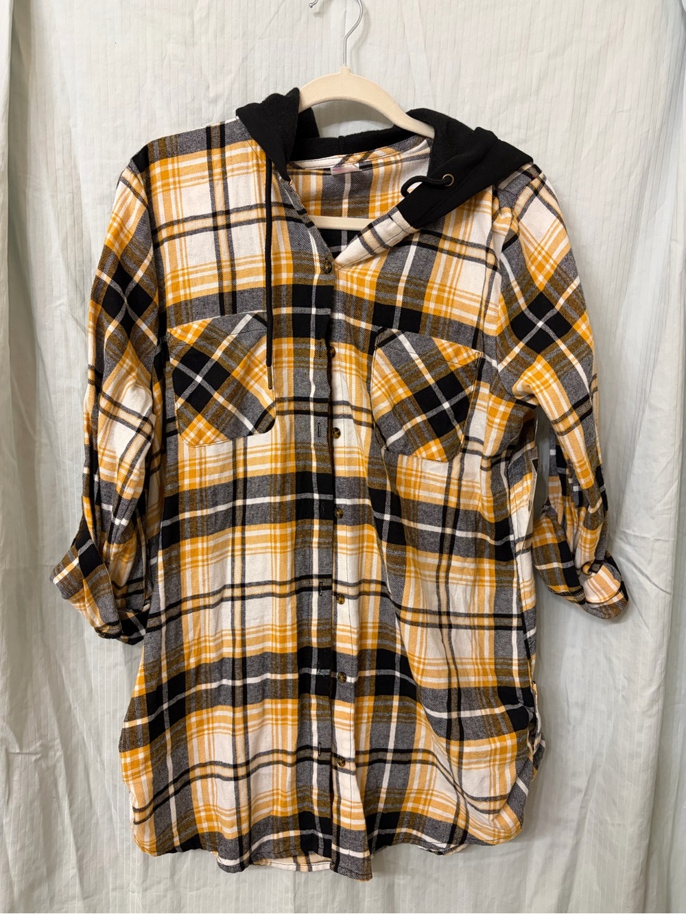 No Boundaries Black Yellow Plaid Hooded Button-Down Shirt Jacket